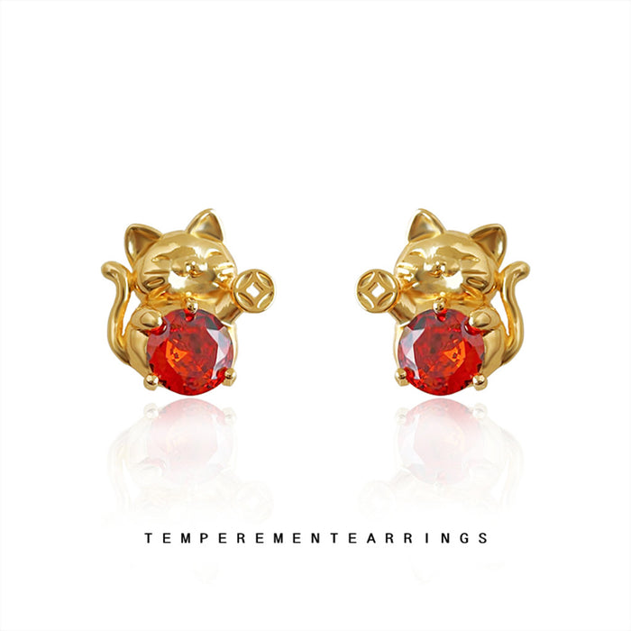 Gold Lucky Cat Stud Earrings Red Zircon Fortune Pair