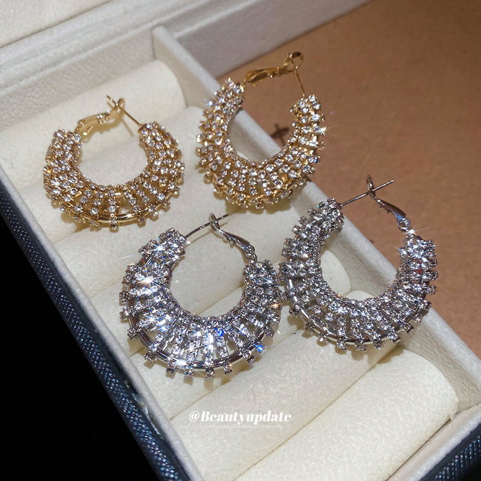 Clear Stone Wide C Hoop Earrings in Gold and Silver