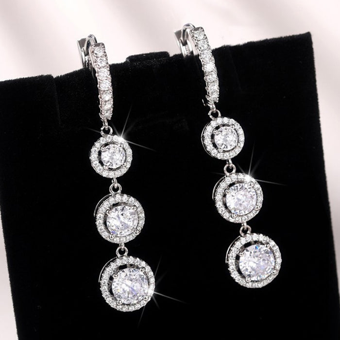 Triple Round Clear Stone Drop Earrings Metal Jewelry Design