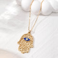 Gold and Silver Tone Openwork Hamsa Blue Eye Pendant Necklaces view 2