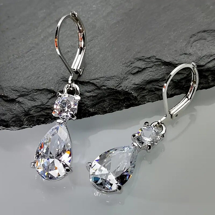 Silver Teardrop CZ Leverback Drop Earrings Clear Stone