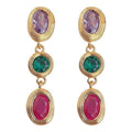 Gold Tone Purple Green Red Oval Stone Long Drop Stud Earrings view 5