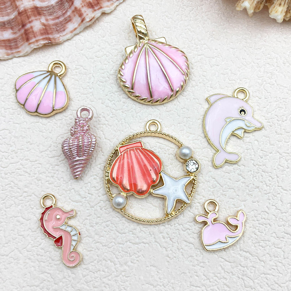 Pink Enamel Zinc Alloy Starfish Seahorse Shell Charm Pendants for DIY Keychain Jewelry
