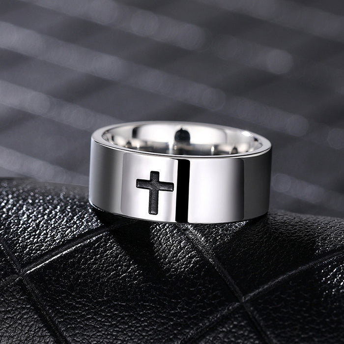 Steel Tone Black Cross Band Ring Minimalist Sizes 6-13