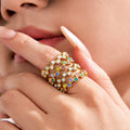 Gold Steel Open Bubble Bezel Crystal Rings Clear Multicolor view 1