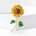 Yellow Enamel Sunflower Brooch Green Leaf Gold Stem Pin view 1