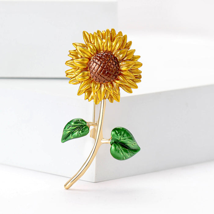 Yellow Enamel Sunflower Brooch Green Leaf Gold Stem Pin