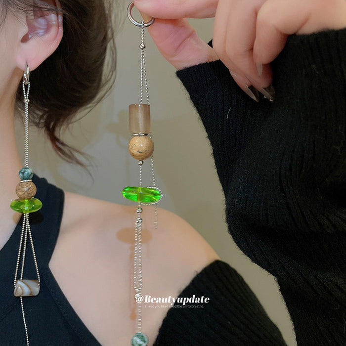 Green and Brown Beaded Abstract Long Drop Earrings
