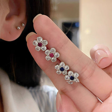 Silver Tone Crystal Flower Stud Earrings In Blue And Pink