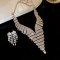 Silver V Rhinestone Tassel Necklace Stud Earring Set view 6