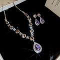 Silver Purple Teardrop Crystal Necklace Stud Earrings Set view 6