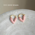 Gold Pink Enamel Heart Huggie Hoop Earrings Latch Closure view 1