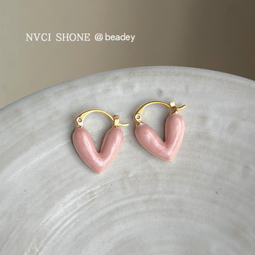 Gold Pink Enamel Heart Huggie Hoop Earrings Latch Closure