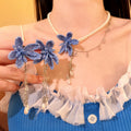 Blue Seed-Bead Flower Pearl Necklace and Dangle Earrings view 1