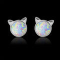 Silver Cat Ear Round White Opal Stud Earrings Pair view 2