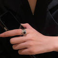 Silver Multi Layer Open Ring Black Geometric Center Stone view 3