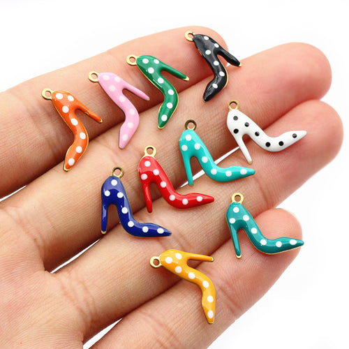 Colorful Polka Dot High Heel Shoe Enamel Charms, close view of the finish and front surface