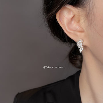 Silver Pearl Cluster Stud Earrings Clear Stone Cascade