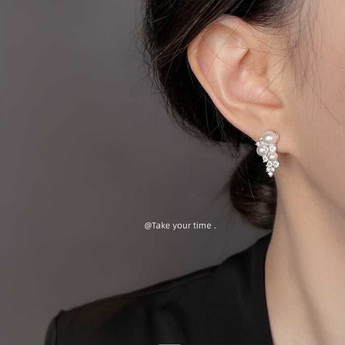 Silver Pearl Cluster Stud Earrings Clear Stone Cascade
