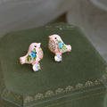 Gold Tone Pink Bird Turquoise Flower Clear Drop Stud Earrings view 4