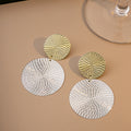 Gold Silver Textured Woven Disc Drop Earrings Two Tone view 2