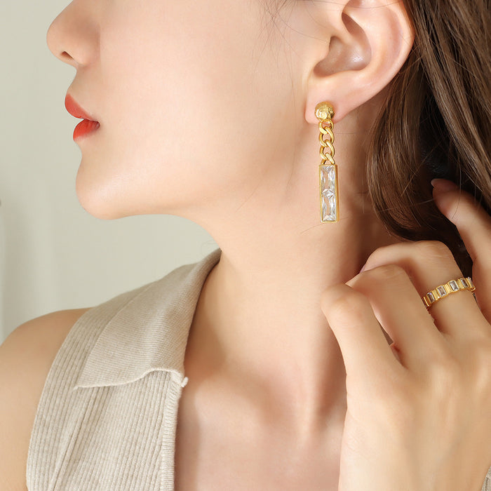 Hammered Ball Chain Bar Zirconia Drop Earrings Gold Steel
