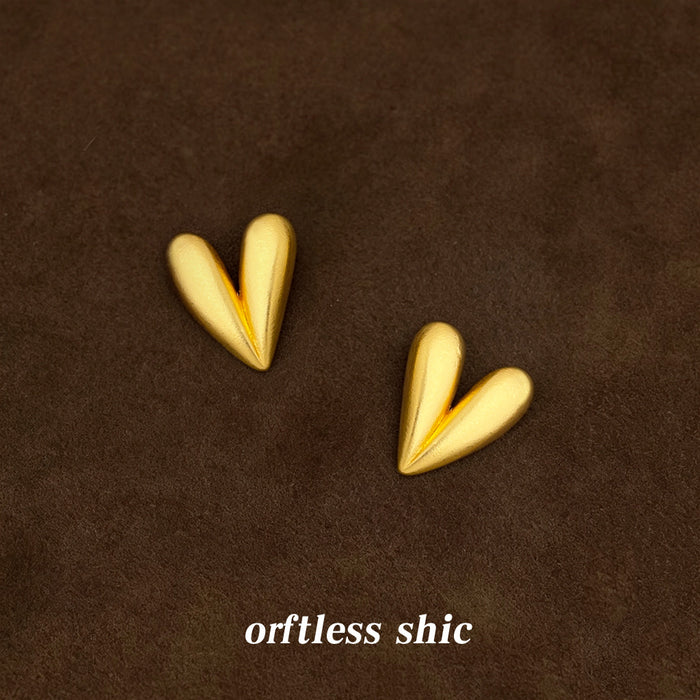 Gold Matte Brushed Finish Heart Stud Earrings Pair