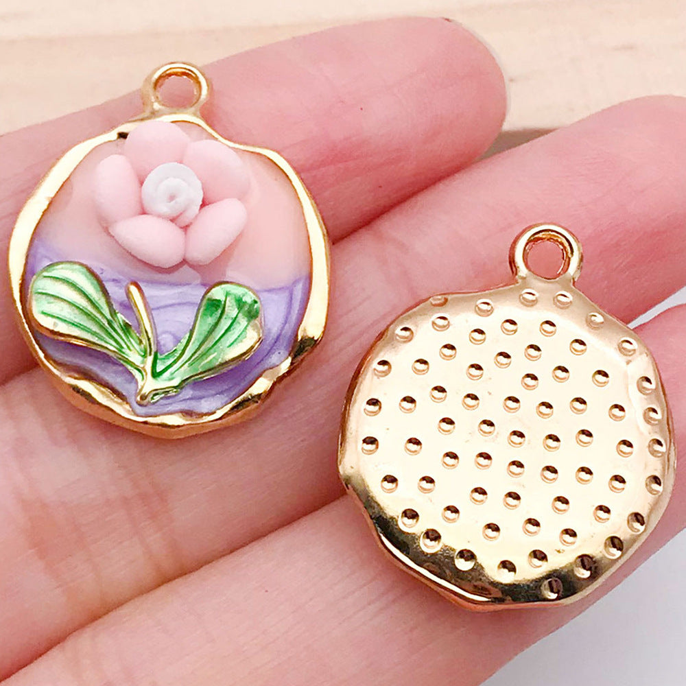 Enamel Zinc Alloy Flower Oval Charm Pendant for DIY Necklace Keychain Jewelry Making