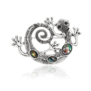 Silver Tone Curled Lizard Brooch with Iridescent Inlay