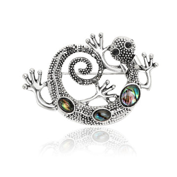 Silver Tone Curled Lizard Brooch with Iridescent Inlay