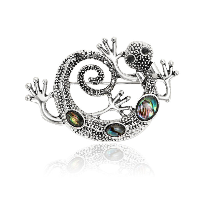 Silver Tone Curled Lizard Brooch with Iridescent Inlay