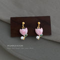 Blue And Pink Flower Bud Pearl Like Drop Earrings In Two Styles view 4