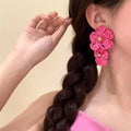 Crochet Triple Flower Statement Earrings Fashion Jewelry Accessory view 4