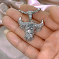 Silver Tone Pave Bull Head Pendant Necklace with Red Eyes view 6