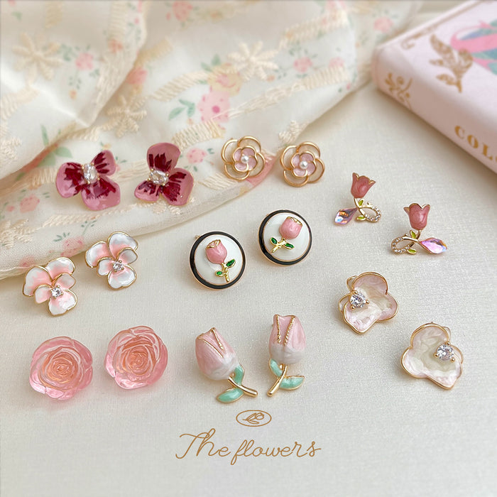 Pink Enamel Tulip Flower Stud Earrings Assorted Mix