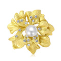 Matte Gold Silver Flower Brooch Pearl Center Rhinestones view 1