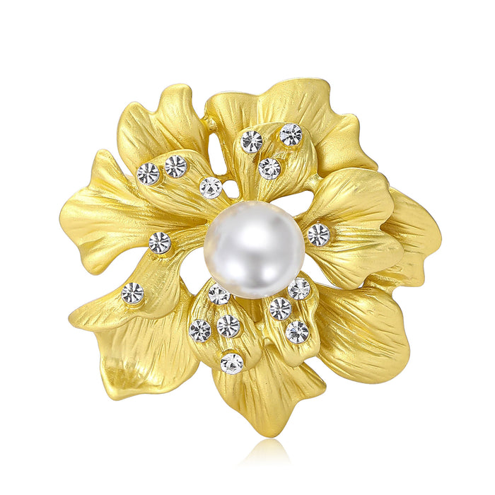 Matte Gold Silver Flower Brooch Pearl Center Rhinestones