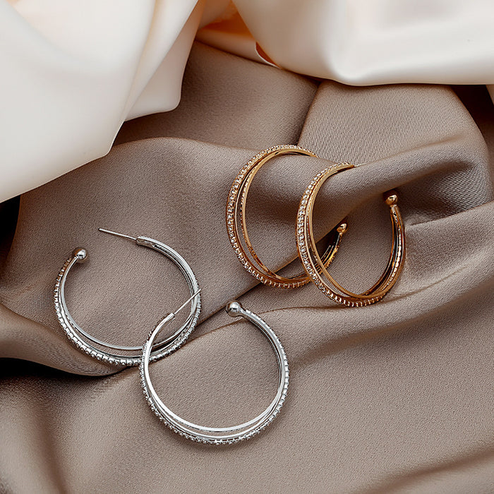 Multi Layer Rhinestone C-Shape Open Hoop Earrings Gold Silver