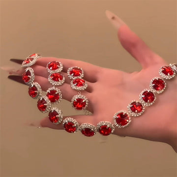 Round Crystal Necklace Earring Sets Red and Clear Silver Tone
