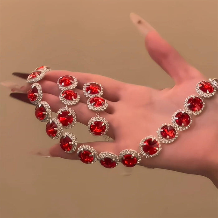 Round Crystal Necklace Earring Sets Red and Clear Silver Tone