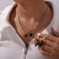 Gold Steel Cushion Stone Pendant Necklace Heart Drop Earrings view 1