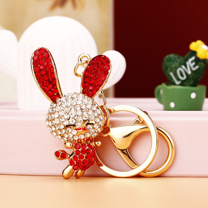 Jeweled Long Ear Rabbit Keychains in Blue Red and Pink