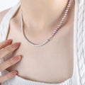 Steel Pink Pearl Clear Zircon Tennis OT Clasp Necklace view 3