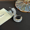 Silver Tone Clear Stone Chunky Half Hoop Stud Earrings view 3