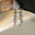 Silver Leaf Crystal Cascade Drop Earrings Long Tassel view 6