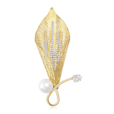 Gold openwork calla lily pearl rhinestone brooch on white