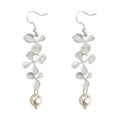 Silver Tone Long Leaf Branch And White Pearl Hook Earrings view 5