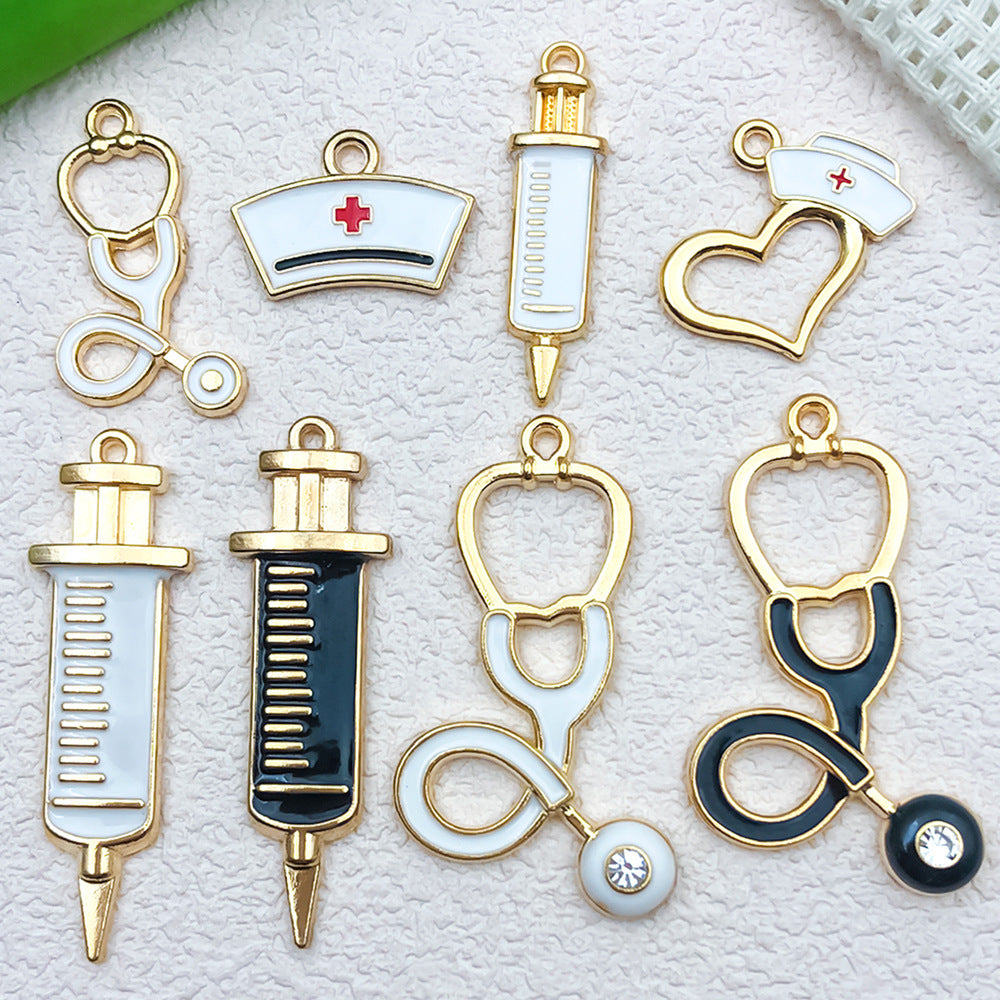 Zinc Alloy Enamel Stethoscope Syringe Heart Charm Pendant for DIY Necklace Keychain