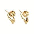 Gold Tone Lotus Flower Bud Curved Stem Stud Earrings view 5