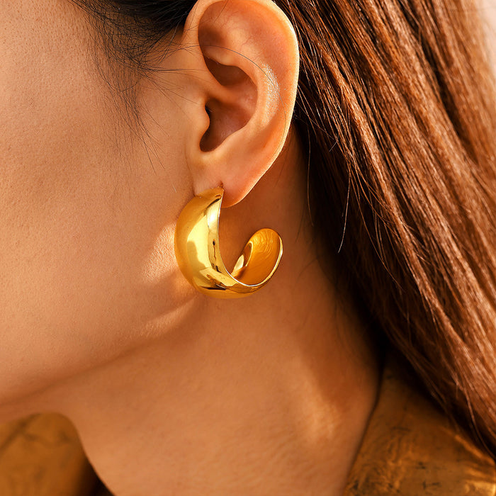 Chunky Polished C Shape Hoop Earrings Gold Silver Stainless
